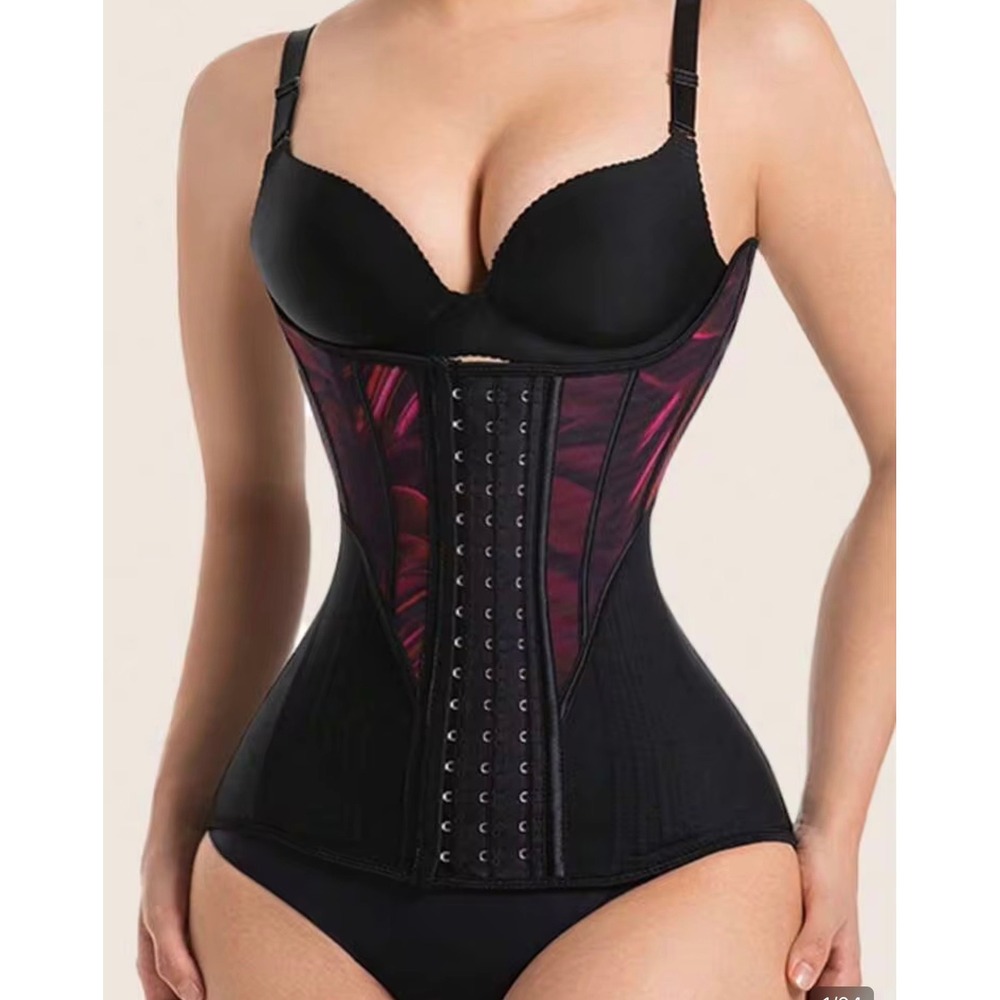 Black Red Abstract Flame Print Waist Trainer Corset Hook Eye Firm Support